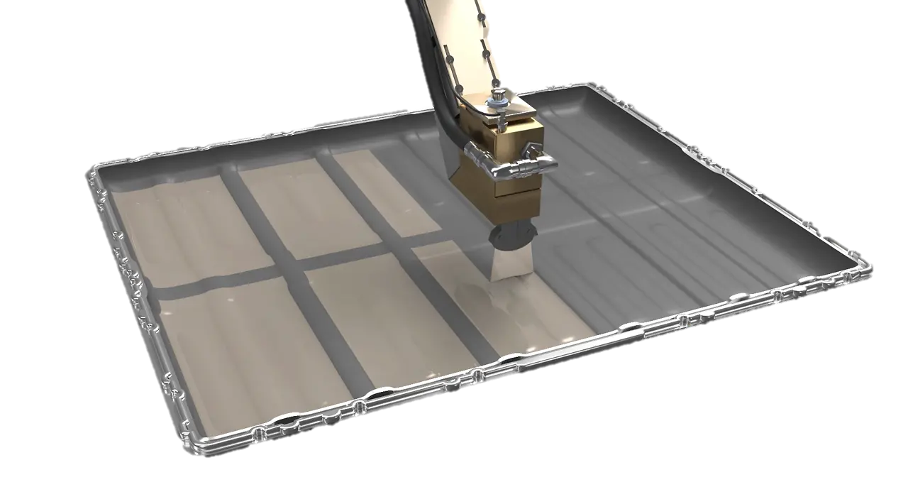 Illustrative graphic showing the fire protective coating being applied onto the inside of a battery pack lid through a flat stream nozzle.