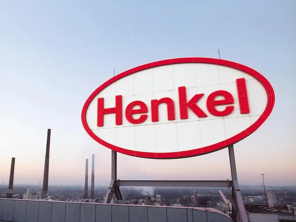 Henkel logo on a rooftop in Duesseldorf.